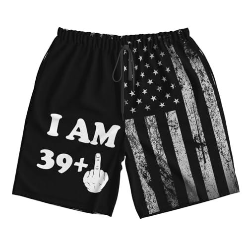 Middle-Finger 40th Birthday I Am 39+1-Swim Shorts with Liner, Quick Dry Beach Shorts Funny Mens Swim Shorts - L Black