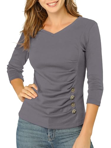 Chemisier col en V femme gris foncé Allegra K tricot à manches 3/4