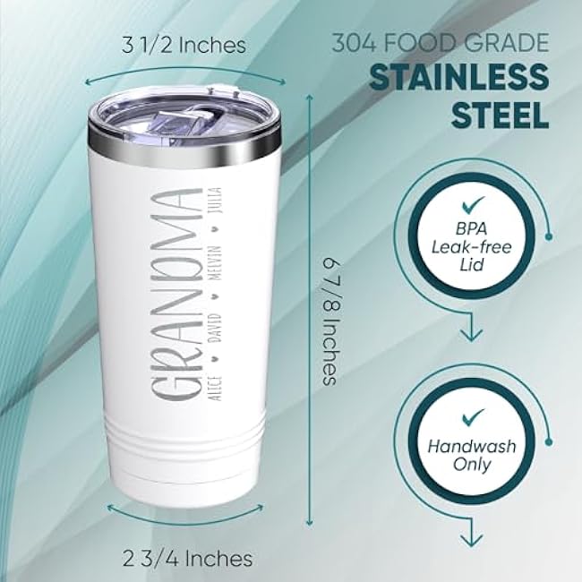 Custom Personalized Grandma Your Grandkids Name Engraved Insulated Stainless Steel Tumbler with Lid 20 oz. Customized Gift for Mother's Day