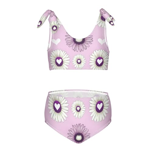 Girls' Bikini Set, Chamomile Flower with White Hearts Kids Swimsuit 2 Pcs Beach Bathing Suit