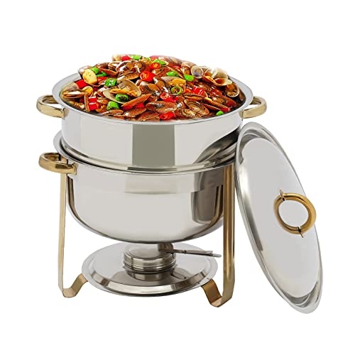 Fichiouy 13.5 Litre Round Chafing Dish Buffet Set 201 Stainless Steel, 14.2 Qt Soup Chafer Food Warmer Tray for Kitchen Party Dining Buffet (Gold)