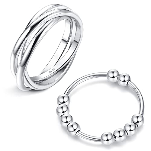 CASSIECA 2PCS Bague Femme en Argent Sterling 925 Anneau Spinner avec Perles 3 Anneaux Entrelacés Haut polonais Bague Bande Bague Empilables Bague Minces Bague Bijoux pour Femme Homme