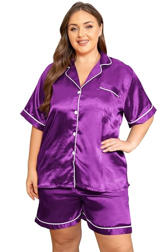 Image of Vozanet Women's Short Sleeve Satin Pajama Sets Silky Ladies Button Down Loungewear Plus Size Nighty Shorts Sets XL to 5XL