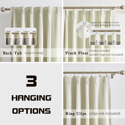 MAIHER 90 Inches Long Full Blackout Pinch Pleat Curtains, Linen Look Cream Back Tab Curtains 2 Panels Set, Heat Saving Double Pleated Drapes for Bedroom Living Room, 40" W x 90" L - Image 3