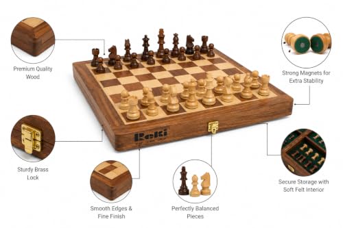 Image of Classic - 10x10 Inch Wooden Chess Board with Chessmen | Magnetic Folding Chess Set with Storage | Travel Friendly Board Game for Kids & Adults