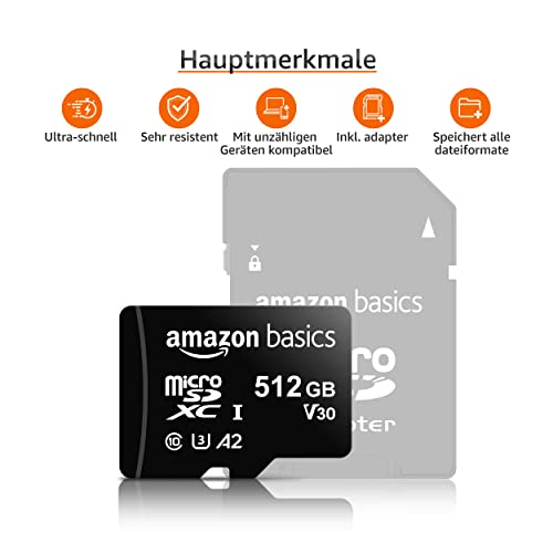 Amazon Basics microSDXC-Speicherkarte mit Adapter in voller Größe, A2, U3, Lesegeschwindigkeit bis zu 100 MB/s, 512 GB, Schwarz