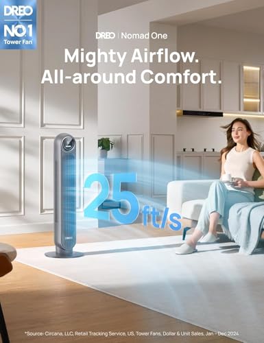 Image of DREO Tower Fan for Bedroom, 25ft /s Velocity Quiet Floor Fan, 90 Oscillating Fans for Indoors with 4 Speeds, 4 Modes, 8H Timer, Bladeless Fan, Standing Fans, Grey, Nomad One (DR-HTF007)