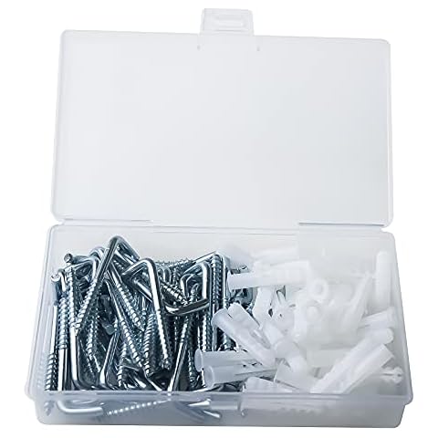 GZLCEU Pack of 50 L Screw Hooks, Carbon Steel Galvanised Hook Screws with 50 Dowels for Walls, Wooden Construction, Hanging Heavy Objects (3.8 x 50 mm) Cover