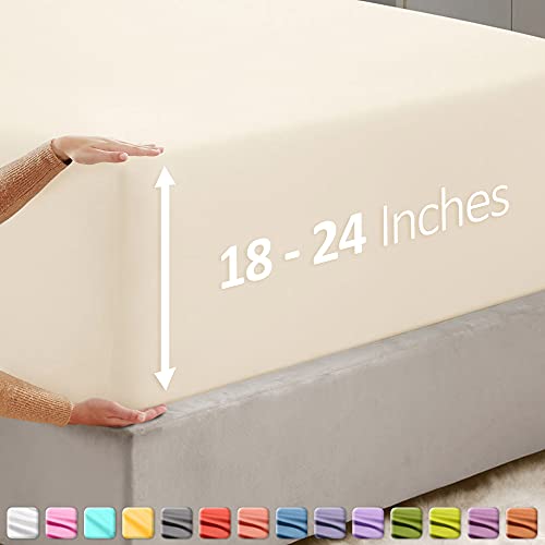Image of Hearth & Harbor Extra Deep Pocket Twin XL Fitted Sheet - Fits 18 to 24 Inch Mattress - Ultra Soft 1800 Microfiber, Wrinkle-Free & Breathable - Hotel Luxury Fitted Sheet Only, Off White