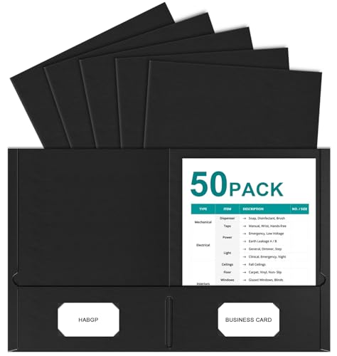HABGP 2 Pocket Folders, 50 Pack, Black Paper File Folders with Pockets