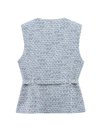 Perbai Womens Tweed Blazer Vest Crewneck Button Down Sleeveless Belted Plaid Work Office Tank Top with Pockets2