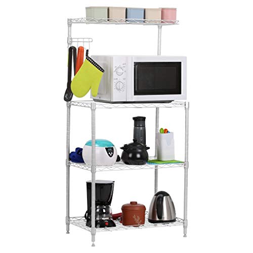 LANGRIA 3 Tier Baker’s Rack, Microwave Stand Kitchen Oven Rack with Wire Mesh Shelves 4-Side Hooks, 165lbs Weight Capacity, Silver Finish
