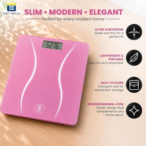 Image of Btag Premium Digital Body Weight Scale | 26x26 cm Wide Platform | Clear LCD Display | Anti-Skid Base | 180 kg Capacity S-Shape Design (Pink)