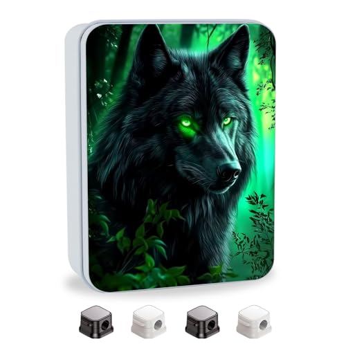 Image of Metal Tin Box with Lid,Multi-functional Storage Box Can Store Tea Biscuits Game Cards, Playing & Tarot Cards-Comes with 4 Magnetic Cord Clips,Wolf with Glowing Green Eyes