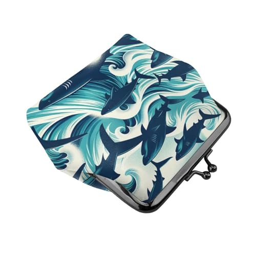 Pu Leather Buckle Coin Purse Sharks-Swim-Ocean-Waves Girls Kiss-Lock Change Purse Wallets3