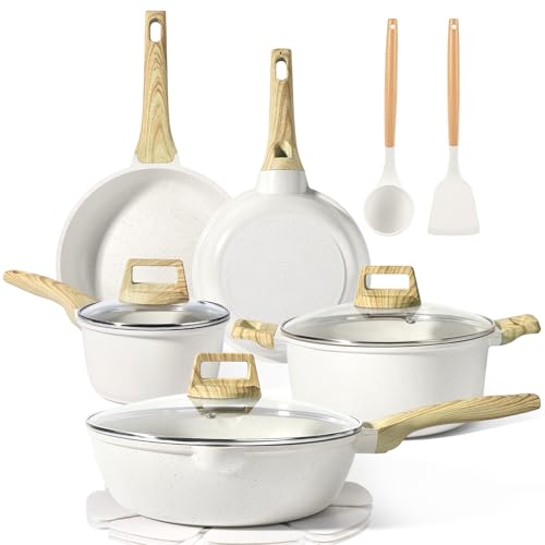 Image of GiPP Pots and Pans Set Non Stick - 14 Pcs White Granite Kitchen Cookware Sets Nonstick Induction Cookware Cooking Pan Set with Frying Pans, Saucepans and Silicone Utensils, PFOS & PFOA Free