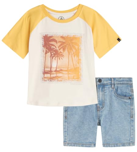 Image of Volcom Infant Toddler Boy Shorts Set - 2 Piece Short Sleeve Graphic Tees & Denim Shorts - Toddler Summer Clothes (12M-7)