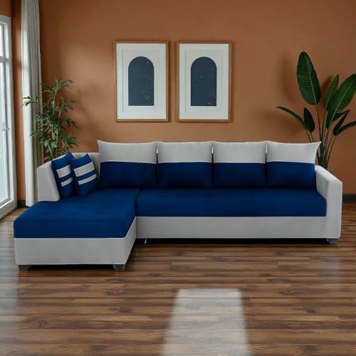 Image of FURNY Stylecon 6 Seater Fabric LHS L Shape Sofa Set (Blue-Light Grey) | Premium Velvet Finish | Durable Comfort | Ideal for Living Room