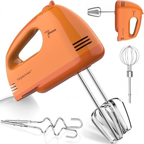 Image of LILPARTNER Hand Mixer Electric, Ultra Power Kitchen Hand Mixer With 7-Speed & 5 Stainless Steel Accessories for Whipping Dough, Cream, Cake, Dishwasher Safe, Light Orange