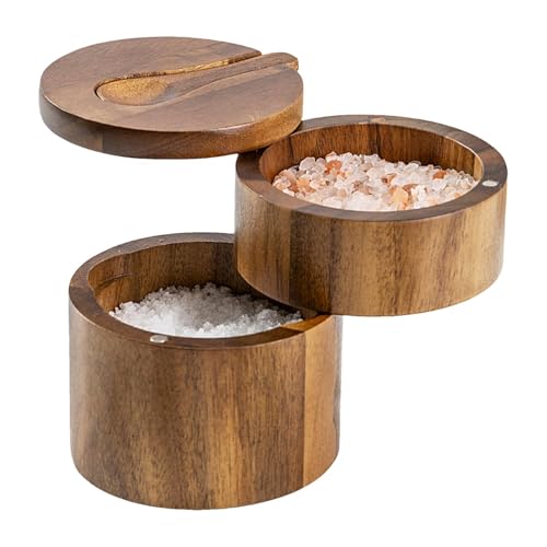 Chaies Caja de sal, salero - Caja de almacenamiento de madera de acacia,Salero, salero de cocina, caja de salero y pimentero con doble capa para condimentos de cocina