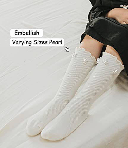 Little Kids Girl Princess Dress Socks with Pearl Bow Knee High Elegant Unique Mary Janes Socks Uniform Long Stockings4