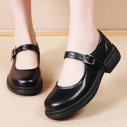Image of Women Black Mary Jane Flats Non Slip Comfort Office Work Dress School Shoes | OKJ Women's mary janes flat Platform Comfortable maryjane patent leather Dressy Round Toe chunky Cute Shoes
