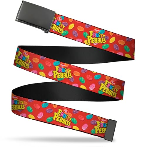Buckle-Down The Flintstones Belt, Flip Web Belt Post Fruity Pebbles Logo and Cereal Scattered Red Multi Color, 1.5 Inch Wide, Fits up to Size 42