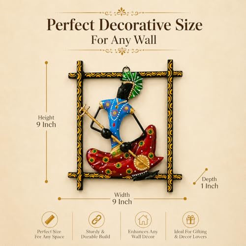 Image of iHandikart Handmade Metal Wall Art Sculpture for Home Decor | Traditional Rajasthani Musician Wall Hanging | Hand-Painted Iron Wall Art with Stone Work | Wall Art for Living Room & Bedroom | 9 x 9 Inch