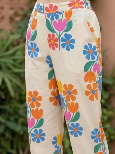 Image of INDO ERA Women Cotton White Printed Straight Kurta Pant Set