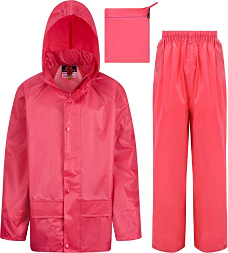 Kids Waterproof Jacket & Trousers Suit Set in Black, Navy Blue or Royal Blue Childs Childrens Boys Girls (11-12 Years, Pink)