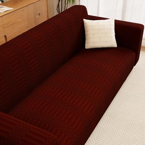 Image of Lukzer 2 Seater Pastel Deep Maroon Dotted Stripe Pattern Sofa Cover | 240 GSM Universal Stretch Fit Jacquard Fabric Couch Protector | Fully Covered Anti Slip & Washable Sofa Cover SC-132-02 /140-180cm
