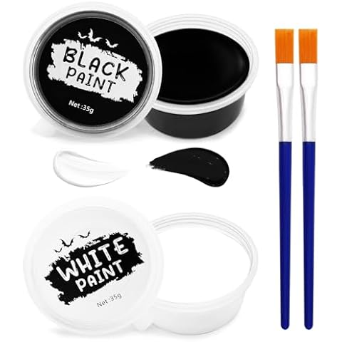 Black & White Face Paint Set (1.25 oz Each) - Professional High Pigment Oil-Based Makeup Kit for Halloween SFX, Clown, Joker, Skeleton Cosplay - Body & Face Costume Party Accessory for Kids Adults Cover