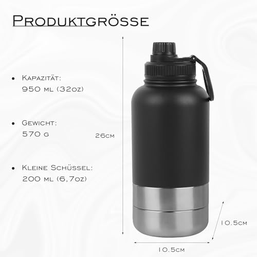 32oz 3 in 1 Hundetrinkflasche für unterwegs, 304 Edelstahl Trinkflasche Hunde für unterwegs mit Fressnapf & Wassernapf, Isolierflasche für Mensch und Hund, Perfekt für Outdoor, Wandern und Reisen
