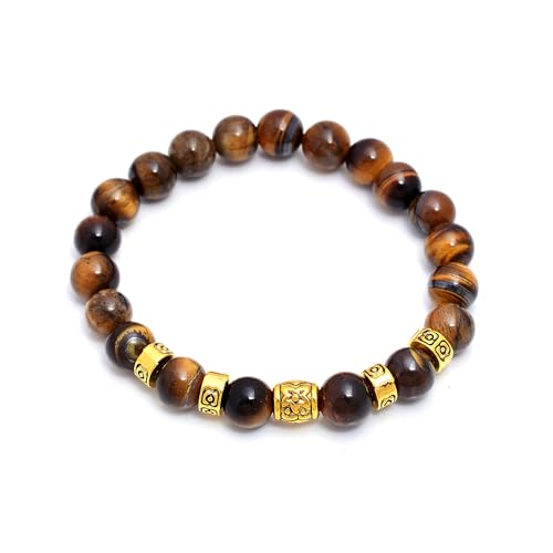8mmTiger Eye Bracelet For Strength and Protection – Handmade Natural Crystal Stretch with Gold Accents, Stretchable Elastic Design| Daily Wear |Yoga, Devotional Gift