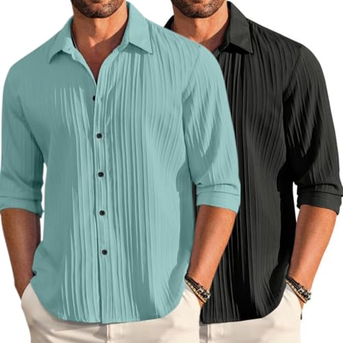 Image of FINIVO FASHION Men's Cotton Blend Shirt Set Lightweight, Full Sleeves, Plain Texture, Button Closure, Summer Ready (Pack of 2)