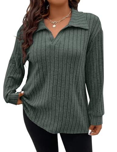 Image of Koscacy Women Plus Size Casual Knit Sweater Lapel V Neck Solid Color Tops Lightweight Long Sleeve Blouses