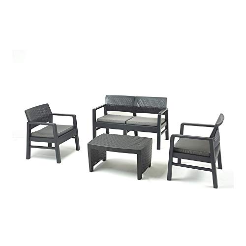 CONJUNTO SALON PARA INTERIOR Y EXTERIOR IMITACION RATTAN: 2 BUTACAS, 1 SOFA DE 2 PLAZAS CON COJINES Y MESITA (USO DOMESTICO)