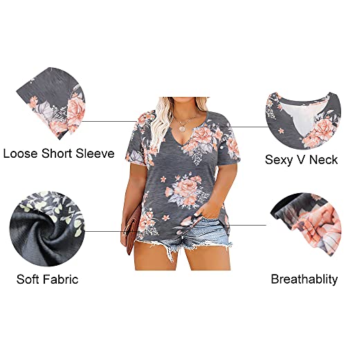 Ritera Women's Plus Size Tops Grey Floral Print Shirt 3X Basic Teess Casual Loose T-Shirts Summer Short Sleeve V Neck Trendy Tunicss Shirt 3Xl 22W 24W #TOP2