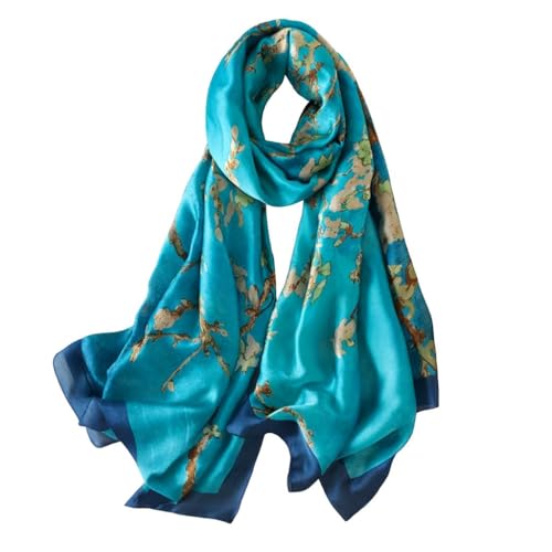 Trillion London® - Sciarpa in seta da donna, firmata, collezione primaverile, leggera, scialle avvolgente, beige, adatta per la vita quotidiana e viaggi, finitura liscia e morbida, floreale blu,