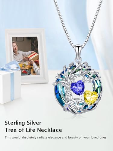 TOUPOP s925 Sterling Silver Family Celtic Tree of Life Pendant Necklaces with 2 Heart Birthstone with Blue Austrian Crystal Jewelry Birthday Anniversary Christmas Gifts for Her Wife Girlfriend Mom (18K Real White Gold Filled)2