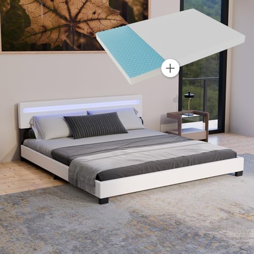 Juskys Polsterbett Paris 180x200 cm mit LED Beleuchtung, Matratze, Lattenrost & Kopfteil - Kunstleder & Holz - weiß - Bett Doppelbett Bettgestell