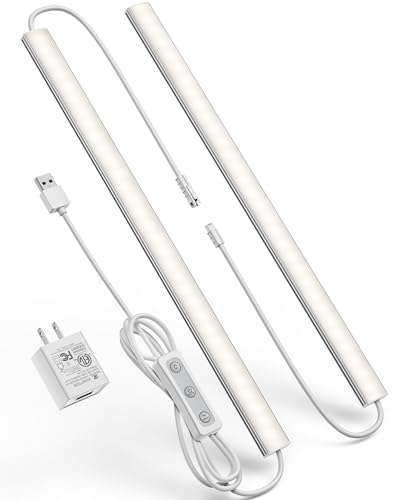 Image of Plug-in Under Cabinet Lighting, Dimmable Under Counter Lights for Kitchen, 2pcs 12 Inch, Natural White 4500K Linkable Wired Closet Light, Indoor USB Led Lights Bar for Desk,Sink,Workbench
