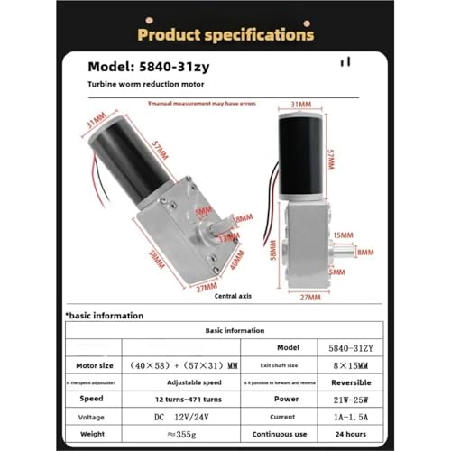 Moteur à vis sans fin 12V 258 RPM 5840-31ZY à fort couple pour vos motorisations - 4