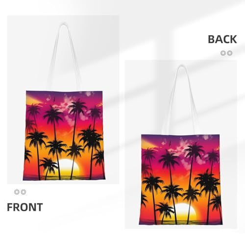 Canvas Tote Bag for Women Shoulder Tote Purse Reusable Grocery Bag Palm Trees and Colorful Sunset Aesthetic Shopping Bags3