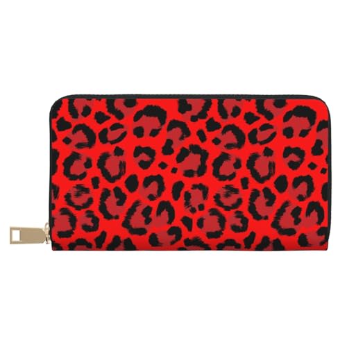 Leather Thin Slim Wallets for Women Men - Fashion Leopard red print Card Wallet Holder with Zipper