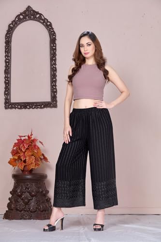 Image of VIVIKA Chikankari Palazzo Pants for Women |Rayon Wide Leg Ethnic Palazo with Embroidery | Comfortable Elastic Waist Women's Palazzo for Casual, Festive & Office Wear