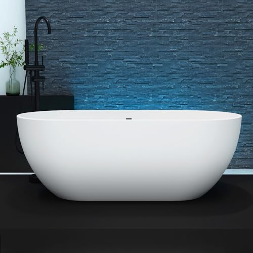 MEDUNJESS 59'' Free Standing Tub, Stone Resin Freestanding Bathtub, Bathroom Soaking Tub Soaker Tubs Oval Shaped, Luxury Modern Freestanding Tubs with Overflow and Pop-up Drain - White