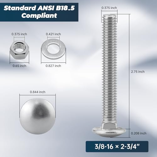 Image of 3 /8-16 x 2-3 /4 Inch Carriage Bolt Kit, 304 Stainless Steel (18-8) with Hex Nuts & Flat Washers - 6 Sets, Round Head Square Neck, Full Thread Coverage by Glvaner