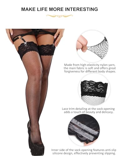 Image of ohyeah Plus Size High Waist Garter Belt Set Lace Mesh Suspender Belt with 6 Vintage Metal Clip for Stockings