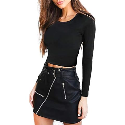 GUBUYI Women's Long Sleeve Crew Neck Crop Top Basic Casual Slim Cotton Top T-Shirt(Black/O-Neck,L) Cover